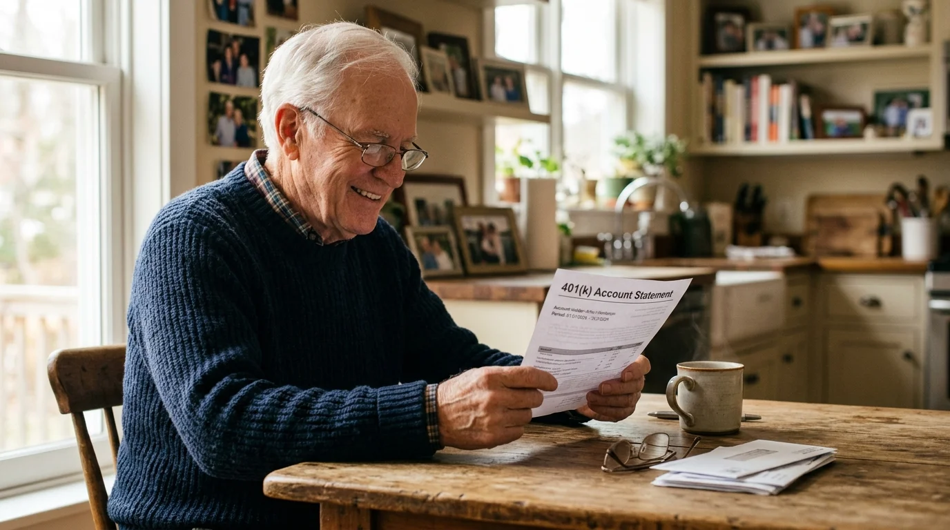 Photograph of an older man reviewing his 401k statement at his kitchen table in warm window light.