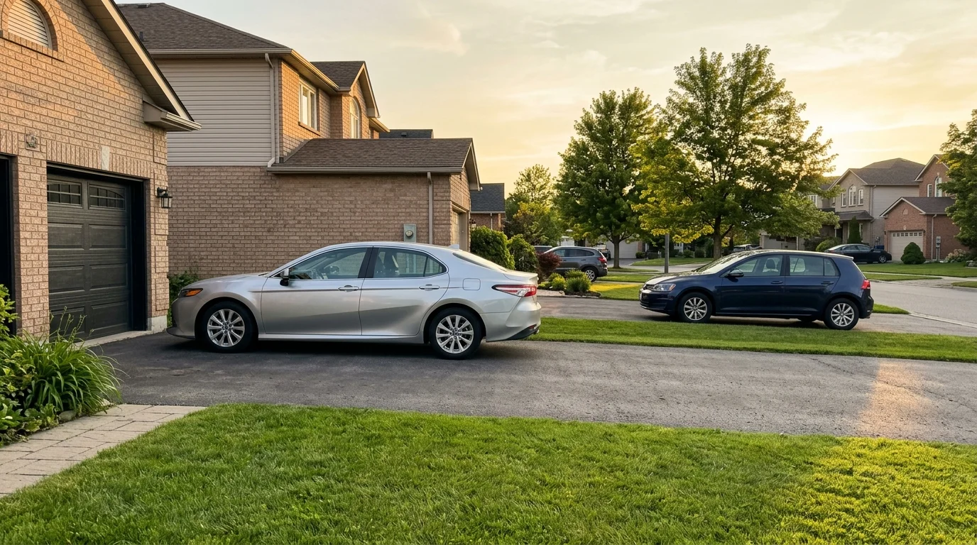 Photograph of two cars parked in a quiet residential driveway during golden hour, illustrating extra vehicles.