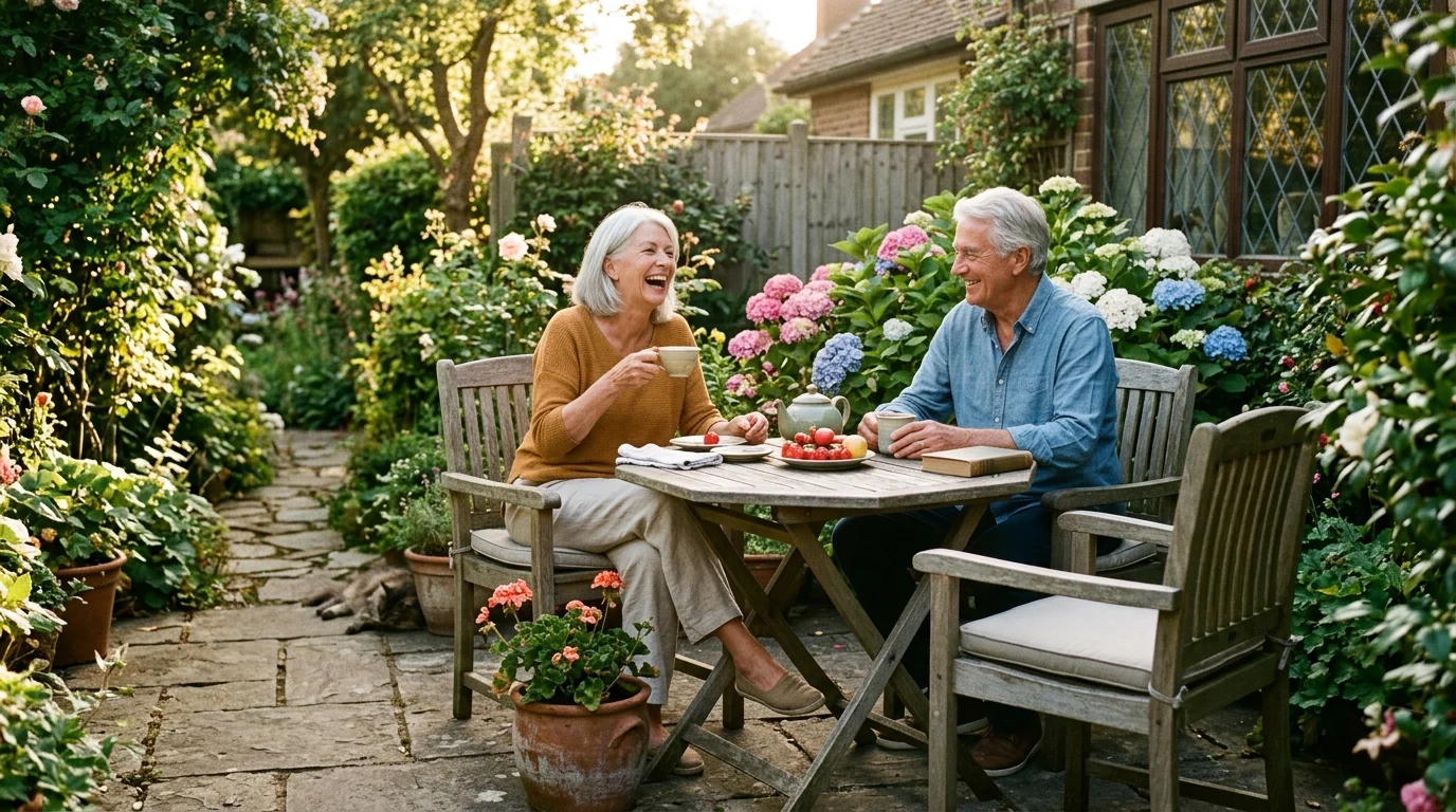 Senior couple smiling and drinking tea at a wooden table in a lush garden patio outside a brick house.