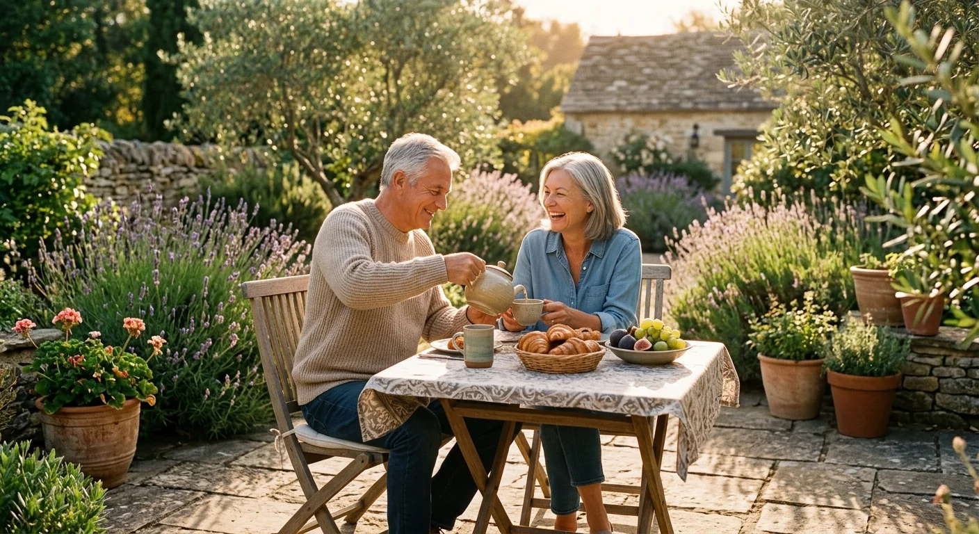 Senior couple laughing together while having tea and breakfast at an outdoor patio table surrounded by lavender.