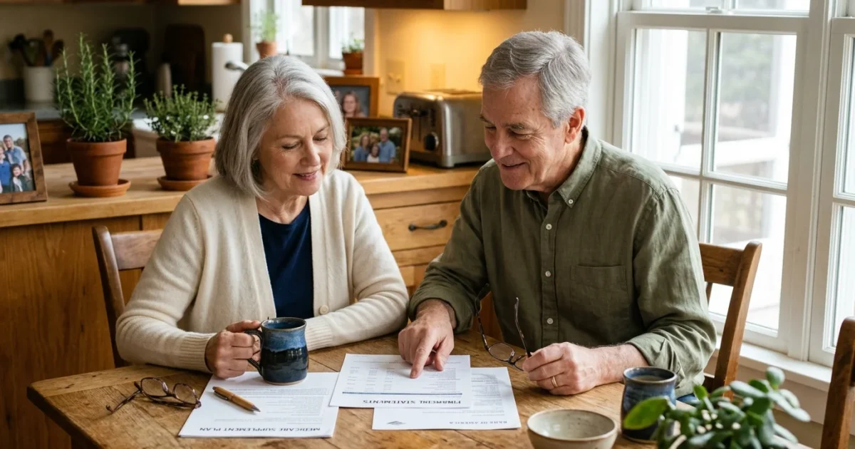 Senior couple sitting at a wooden table reviewing financial and Medicare documents in a sunlit kitchen.