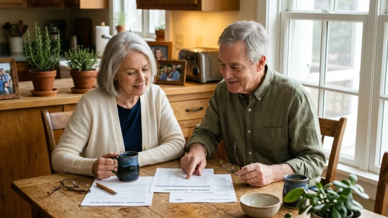 Senior couple sitting at a wooden table reviewing financial and Medicare documents in a sunlit kitchen.