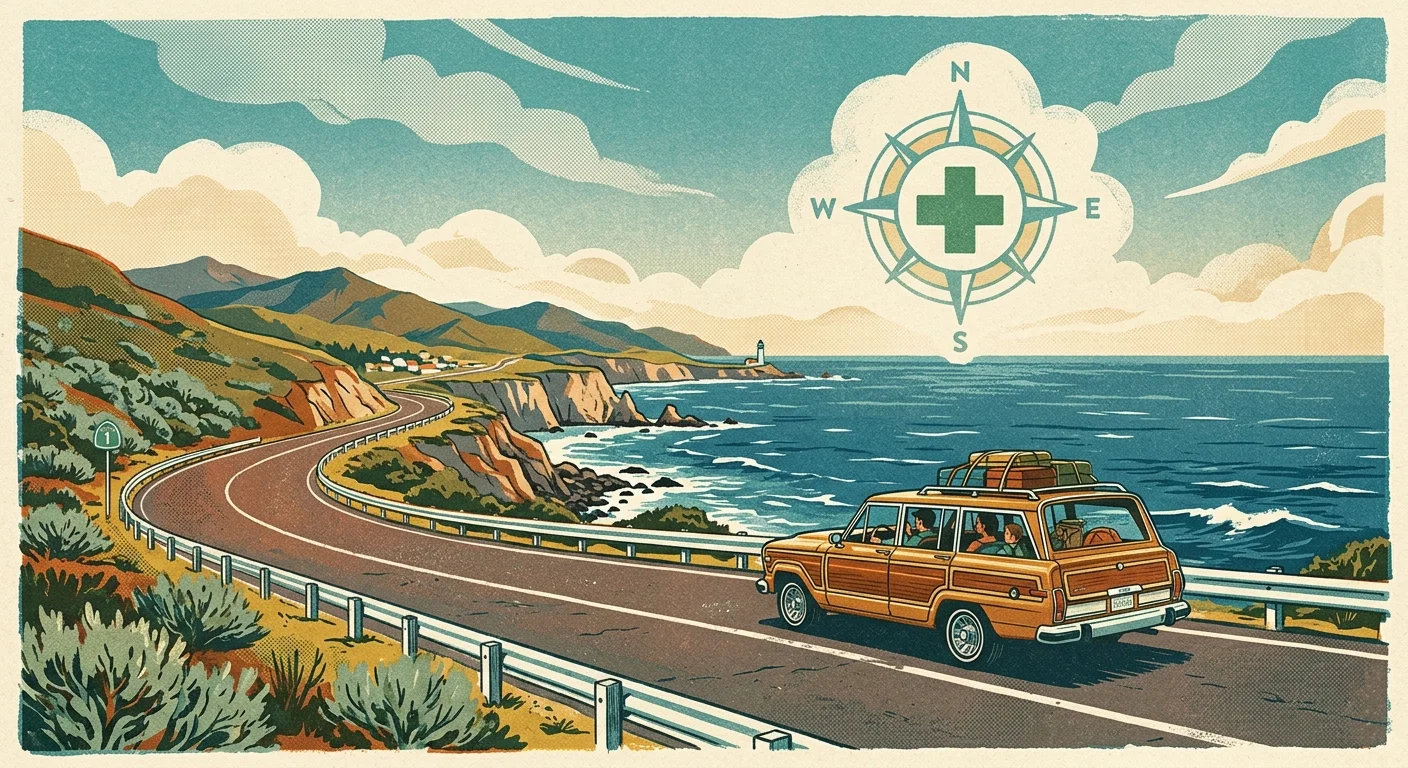 Risograph illustration of a vintage car driving on a coastal road under a sky with a stylized compass and medical cross motif.