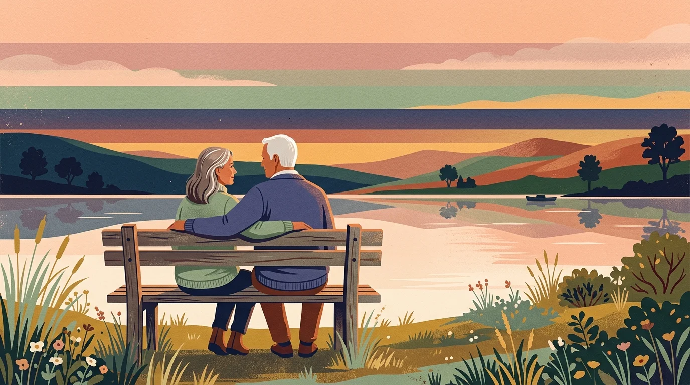 Screenprint illustration of a couple sitting on a lakeside bench at sunset, looking out at calm water.
