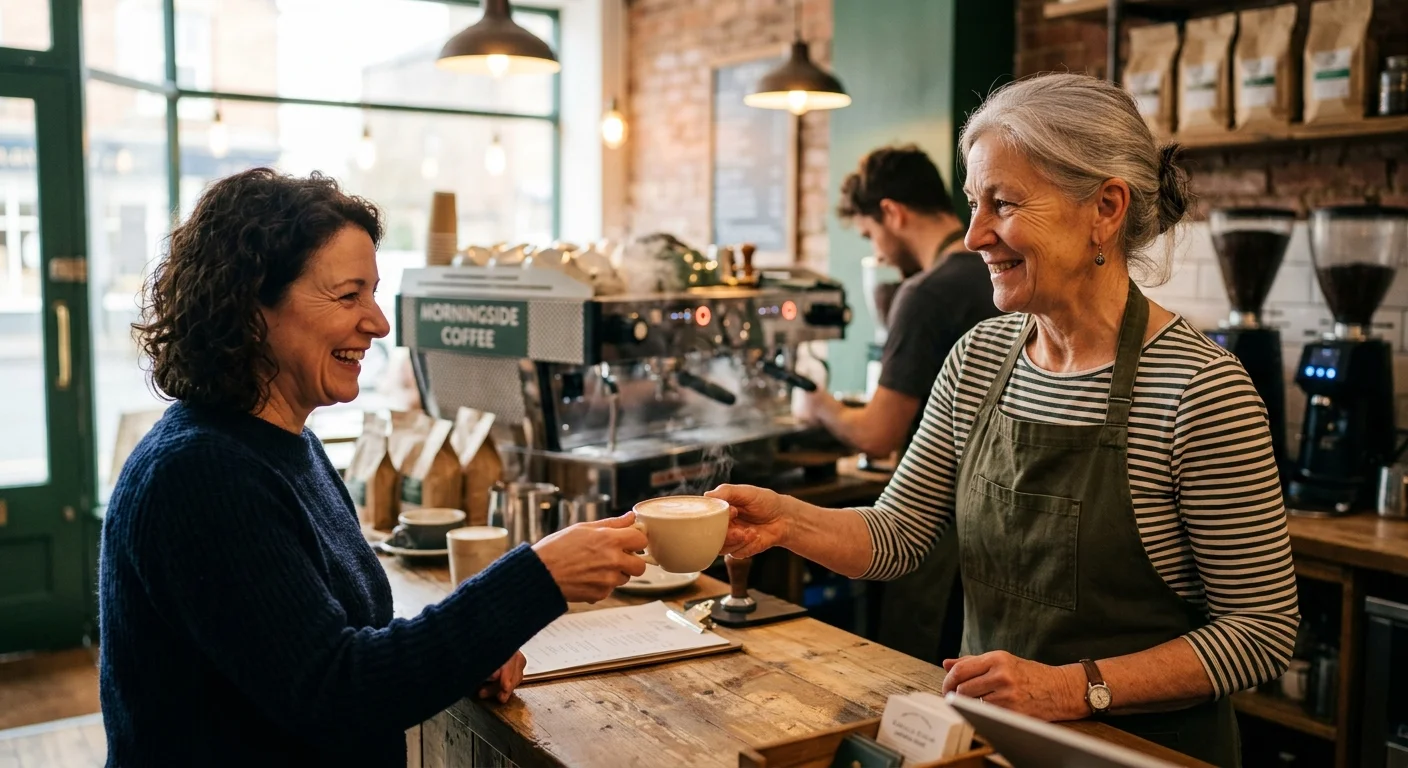 A senior female barista in an apron smiles while serving a cup of coffee to a customer over a wooden cafe counter.