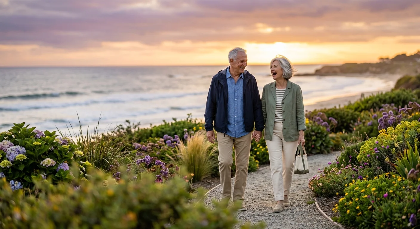 Senior couple laughing and holding hands while walking along a coastal flower-lined path at sunset.