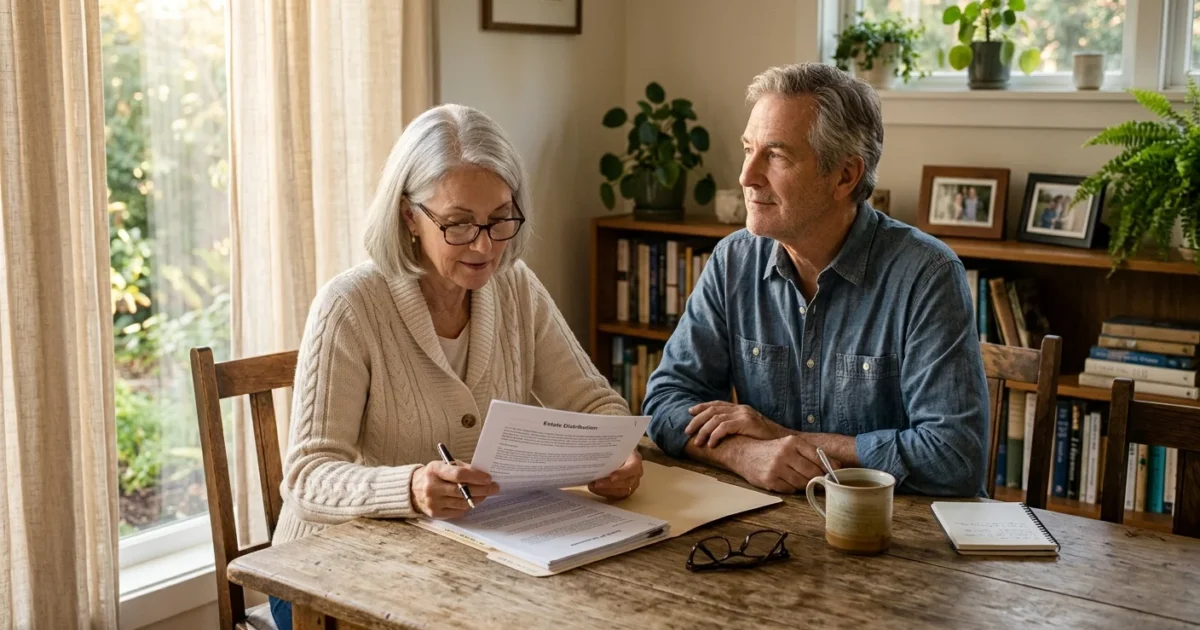 An older couple sits at a wooden dining table, reviewing estate distribution documents near a window.