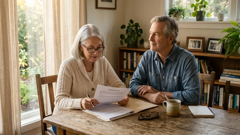 An older couple sits at a wooden dining table, reviewing estate distribution documents near a window.