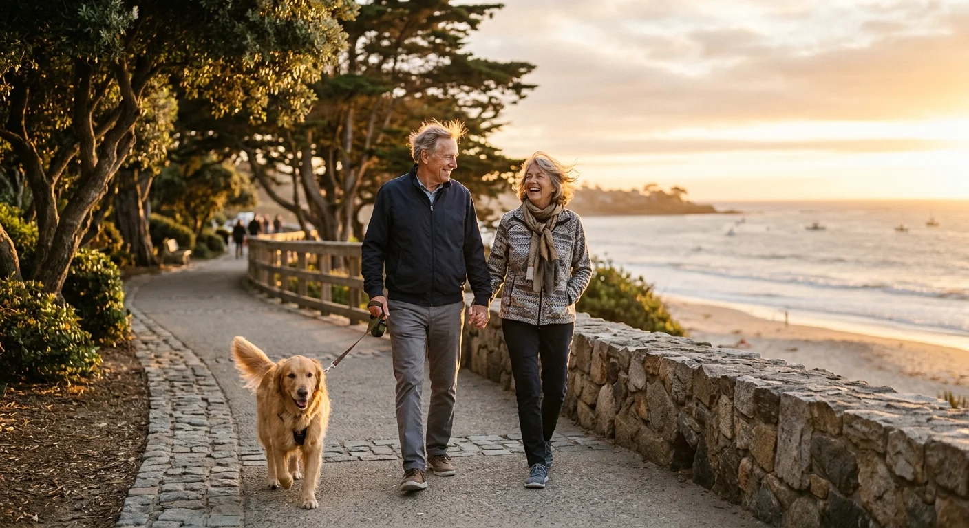 Older couple walking a golden retriever on a paved coastal path along a beach at sunset.