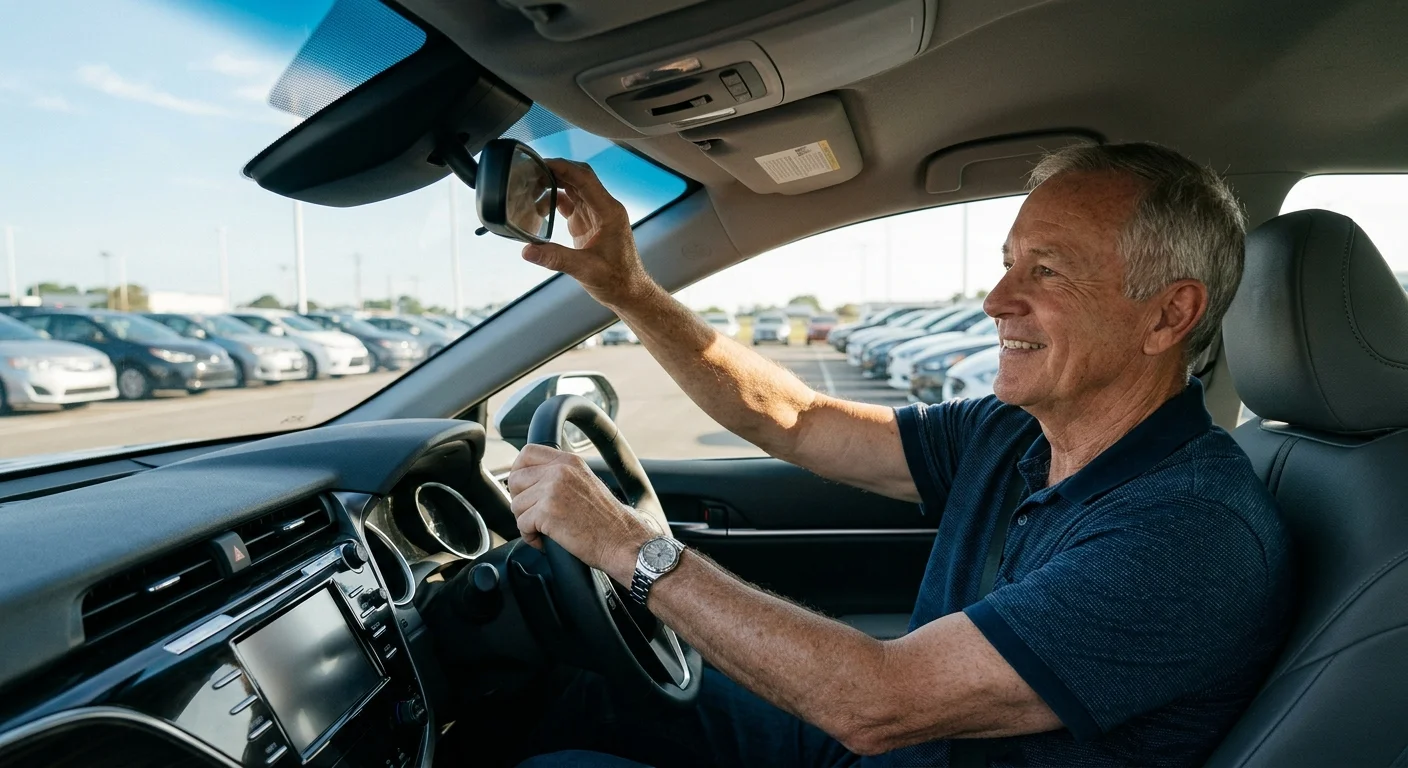 Senior man adjusting the rearview mirror while sitting behind the wheel of a car in a parking lot filled with vehicles.