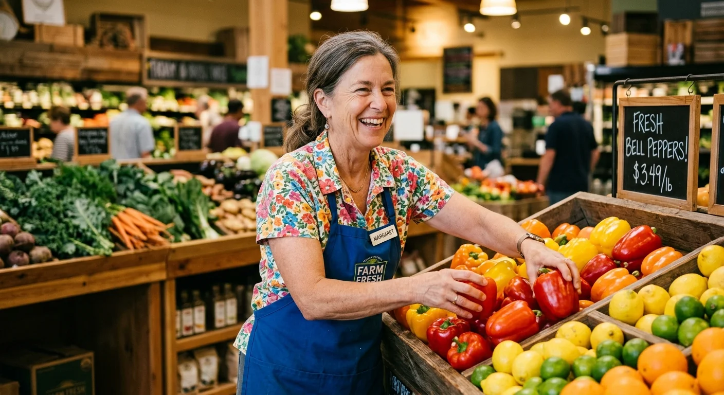 A smiling older woman in a blue apron arranges fresh bell peppers in a wooden grocery display bin.