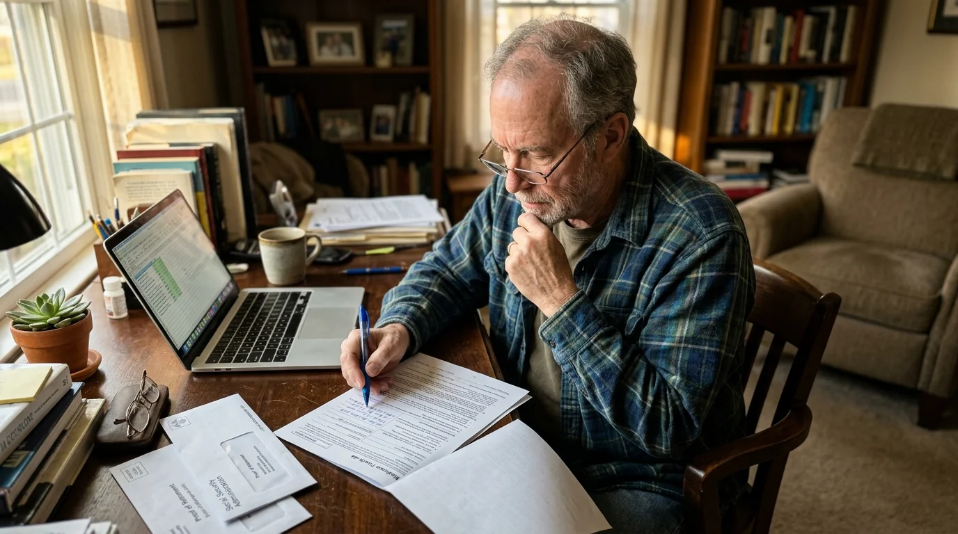 A senior man with glasses sits at a wooden desk at home, reviewing paperwork next to an open laptop.