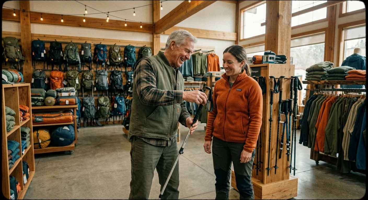 A senior man shows a trekking pole to a smiling woman inside an outdoor recreation store with backpacks and gear on display.