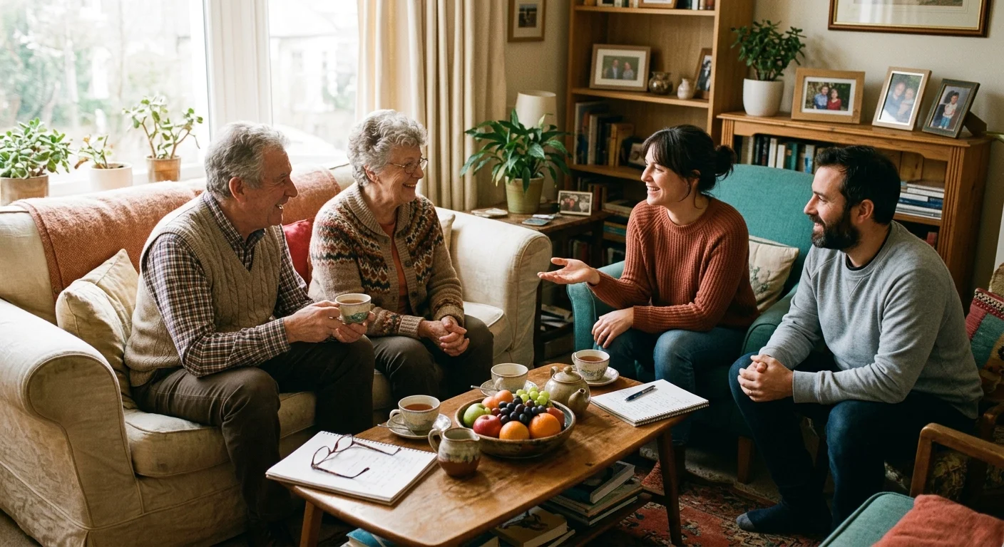 An older couple and a younger couple sit around a coffee table chatting over tea in a cozy living room.