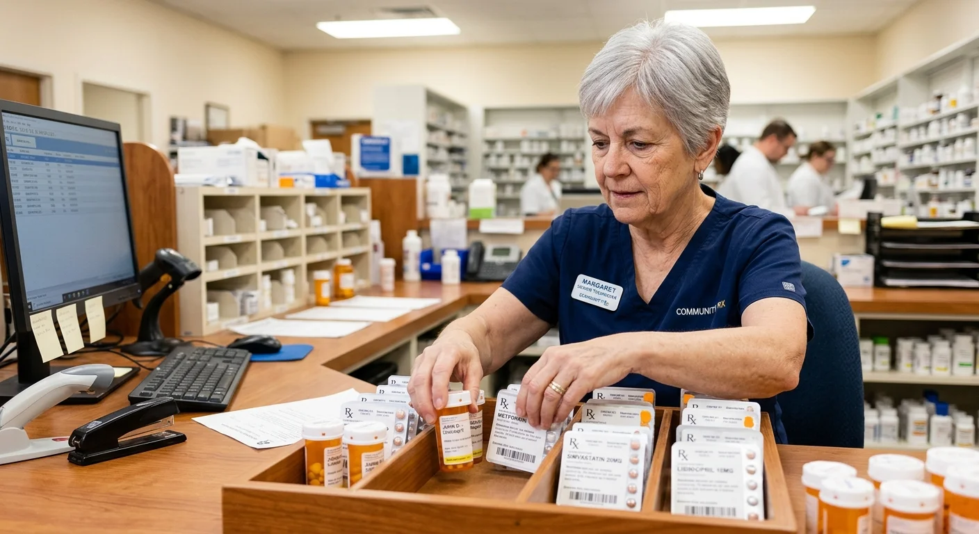 Senior female pharmacy worker sorting prescription medication bottles and blister packs into a wooden tray at a pharmacy.