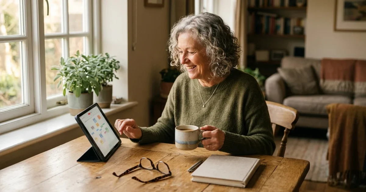 A smiling older woman sits at a wooden dining table holding a coffee mug while using a tablet computer.