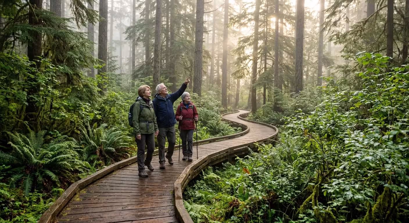 Seniors walking along a wooden boardwalk through a misty, green forest during a peaceful morning nature hike.