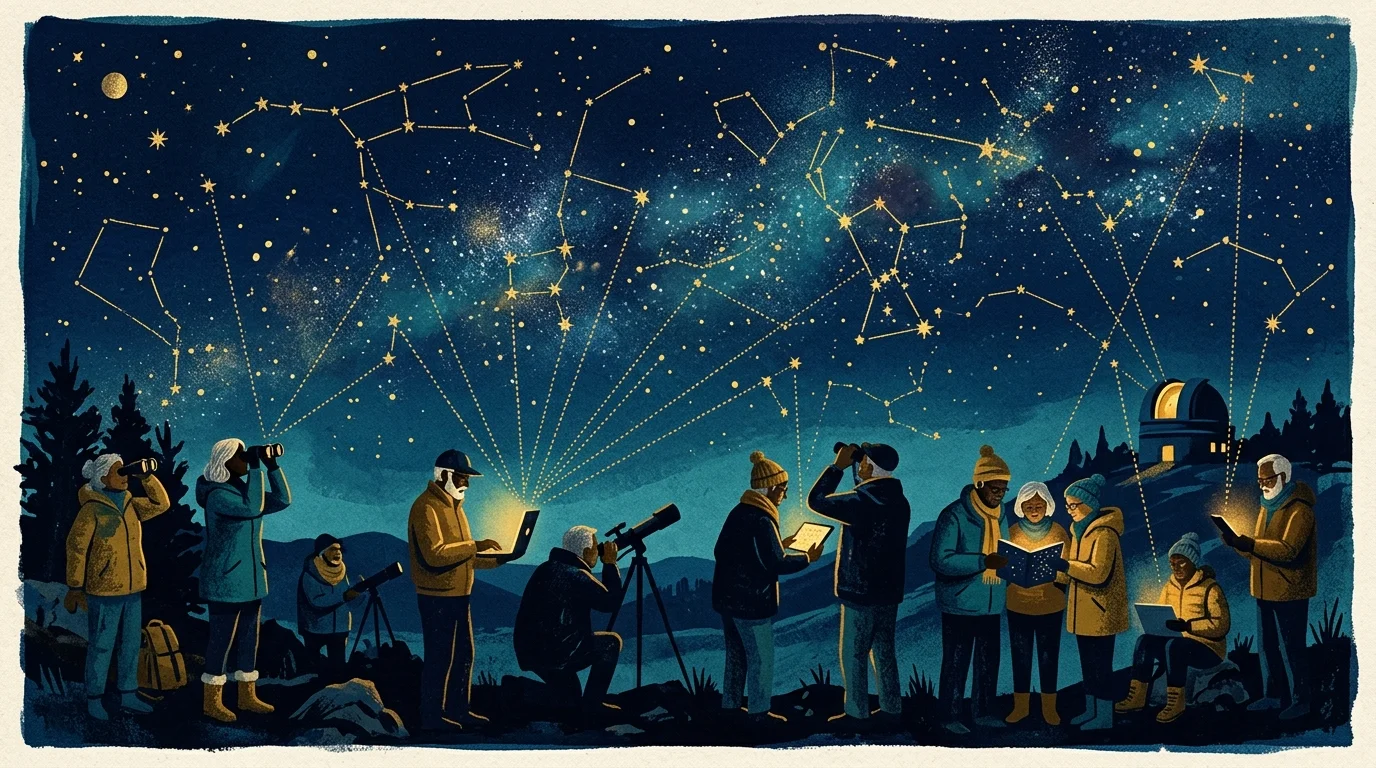 Silhouettes of people with laptops connected by dotted gold lines to constellations in the night sky.