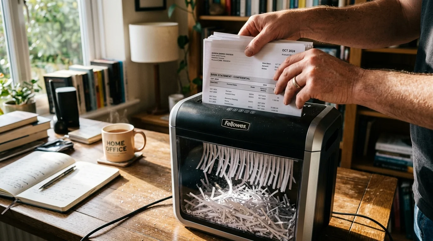 Snapshot of a person feeding personal financial documents into a home paper shredder.