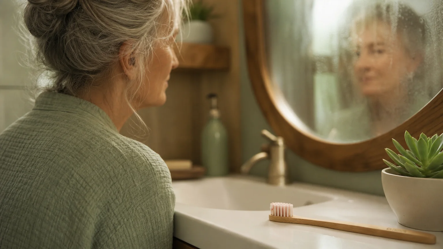 Soft-focus photograph of a bamboo toothbrush resting on a white bathroom sink with a warm, calm mirror in the background.