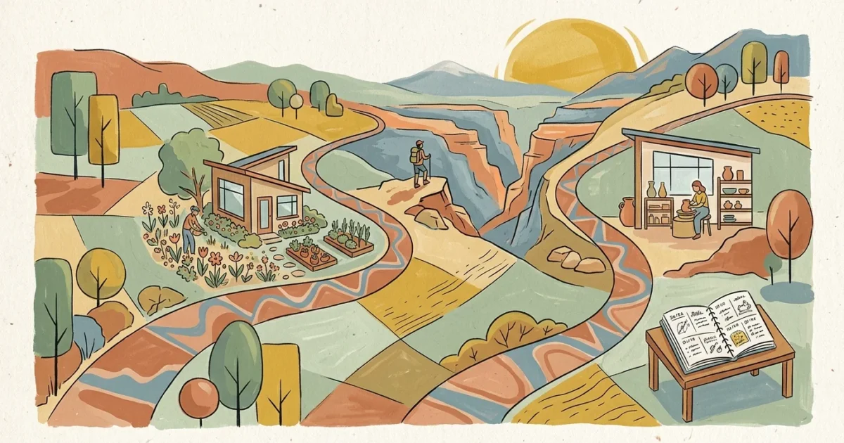 Stylized illustration of a winding path through a landscape depicting diverse, colorful retirement milestones like gardening and hiking.