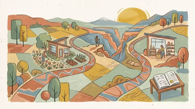 Stylized illustration of a winding path through a landscape depicting diverse, colorful retirement milestones like gardening and hiking.