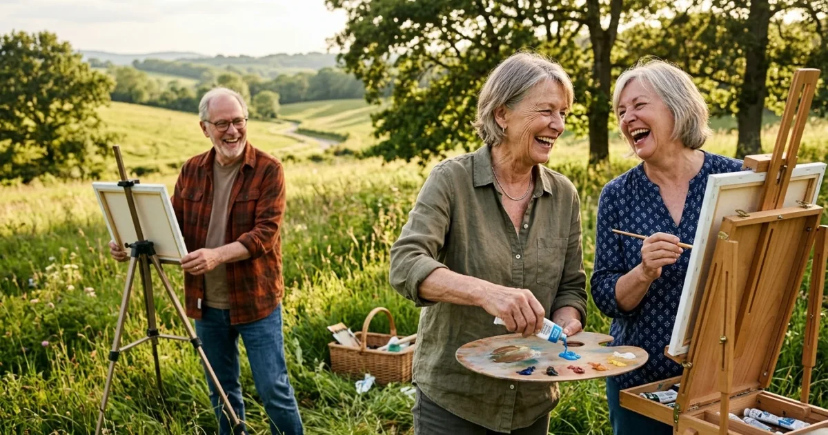 Three active retirees laughing together while setting up wooden easels to paint outdoors in a sunlit meadow during golden hour.