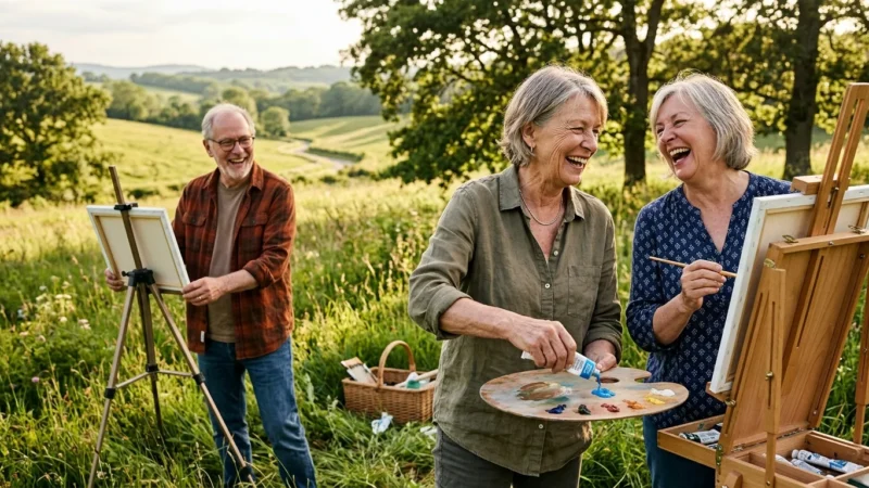 Three active retirees laughing together while setting up wooden easels to paint outdoors in a sunlit meadow during golden hour.