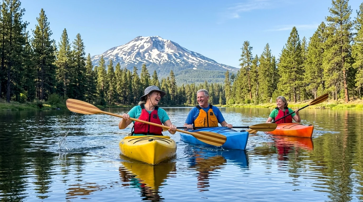 Three active seniors laughing while paddling kayaks on a calm river with a snow-capped mountain peak in the background.