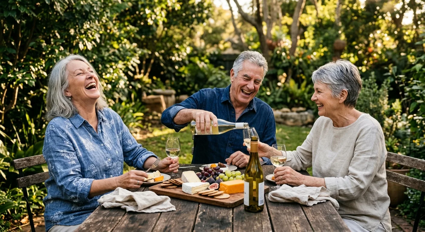 Three retired friends laugh and share food during an outdoor afternoon gathering in a sunny backyard.