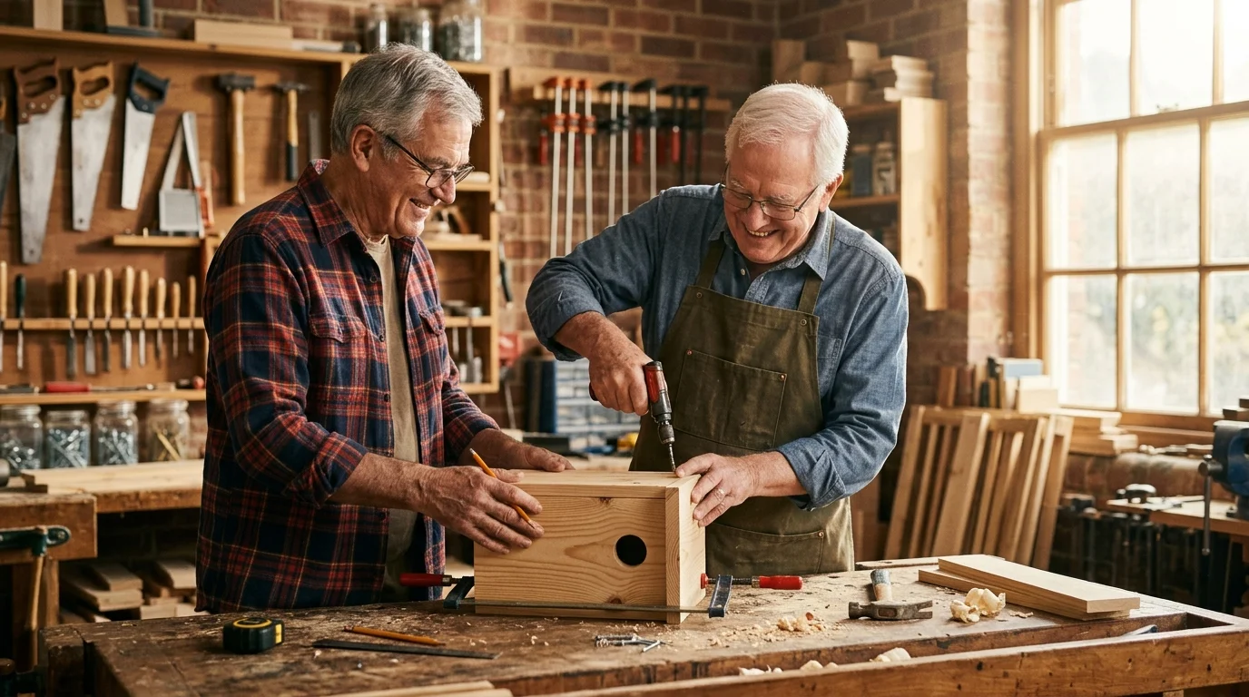 Two retired men working shoulder-to-shoulder on a woodworking project in a bright, fully-equipped communal workshop.