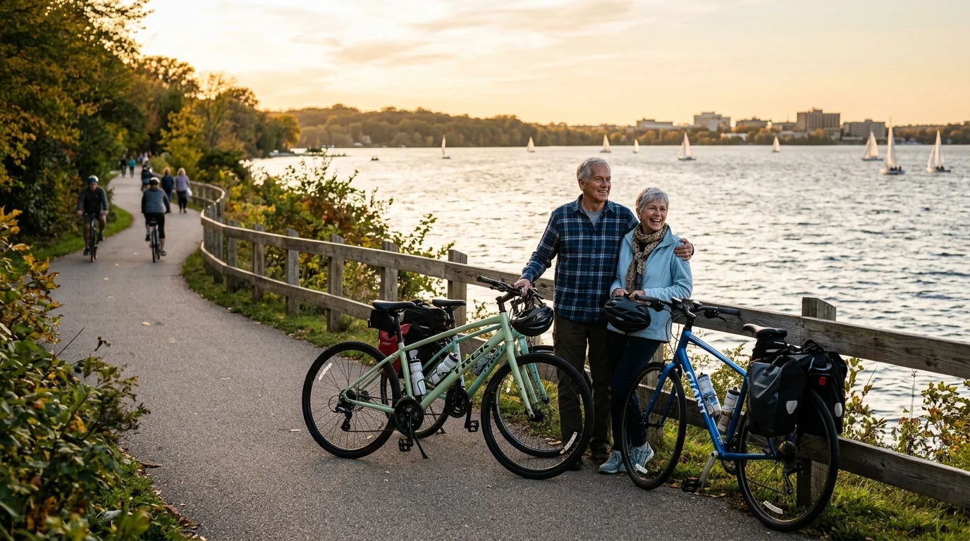 Two retirees on bicycles pausing to look over a sparkling lake during a warm golden hour sunset.
