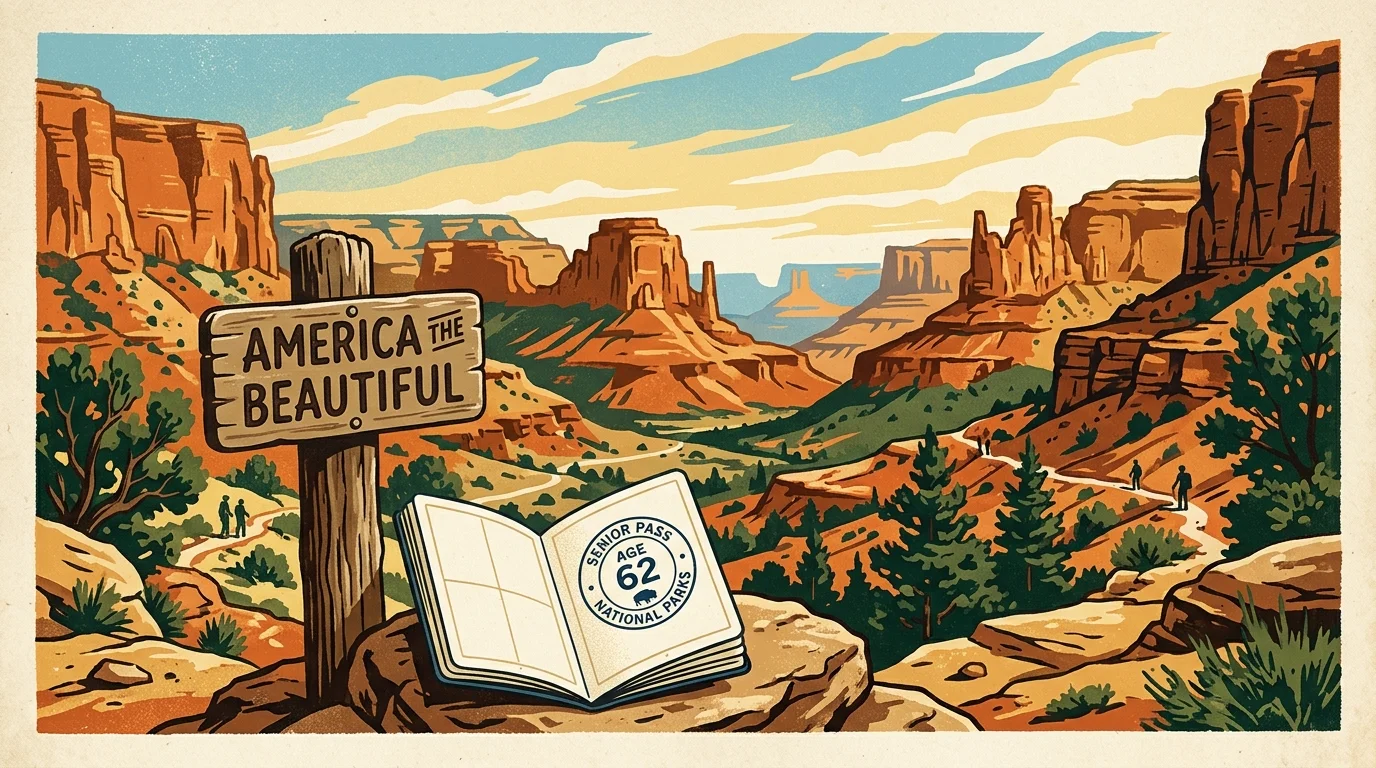 Vintage-style national park poster illustration featuring a trail sign and an open passport book stamped with 'Age 62'.