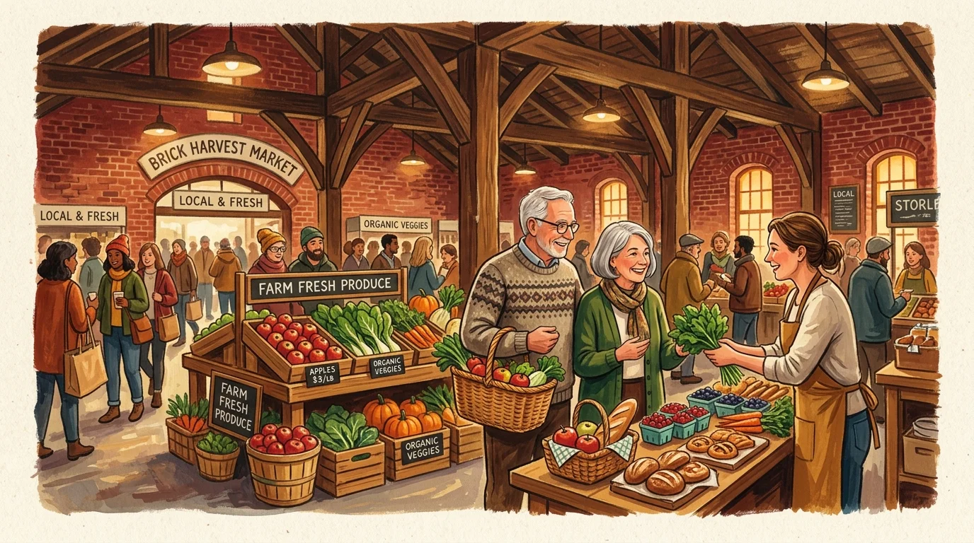 Warm gouache illustration of retirees chatting with a vendor at a bustling, historic indoor farmers market.
