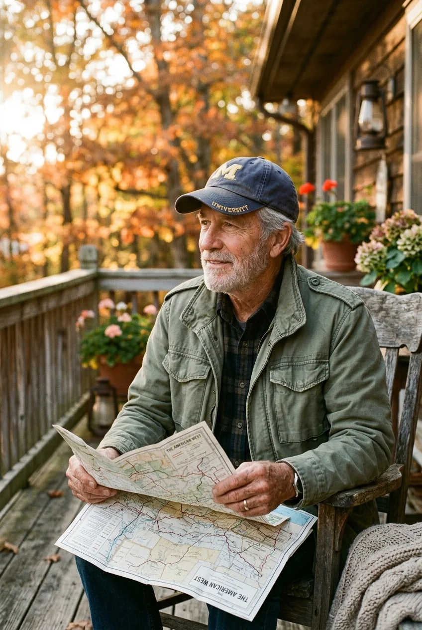 Warm portrait of a retired veteran in a baseball cap holding a map on his porch, smiling in the golden hour light.