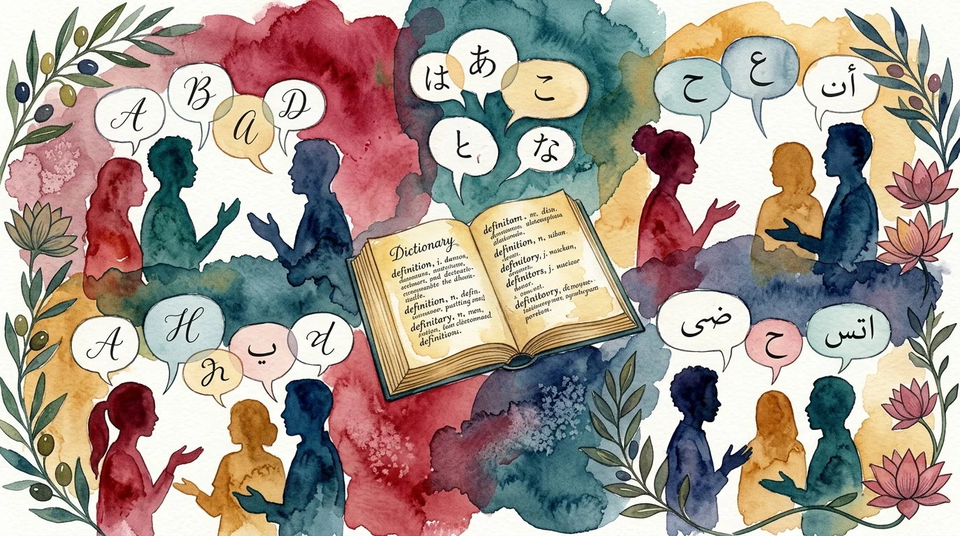 Watercolor collage featuring diverse people in conversation with multilingual characters, botanical motifs, and warm tones.