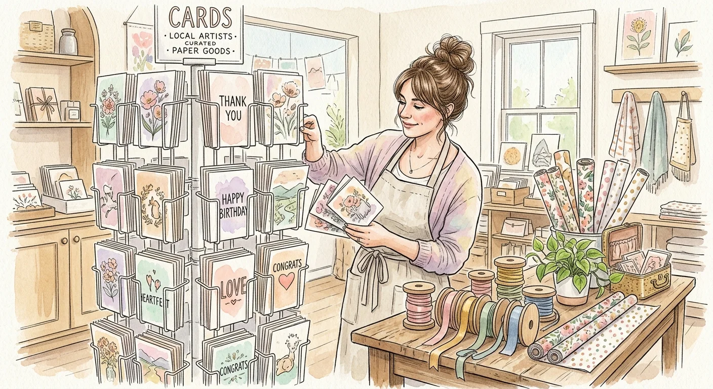 Watercolor illustration of a woman in an apron arranging greeting cards on a rotating display rack in a shop.