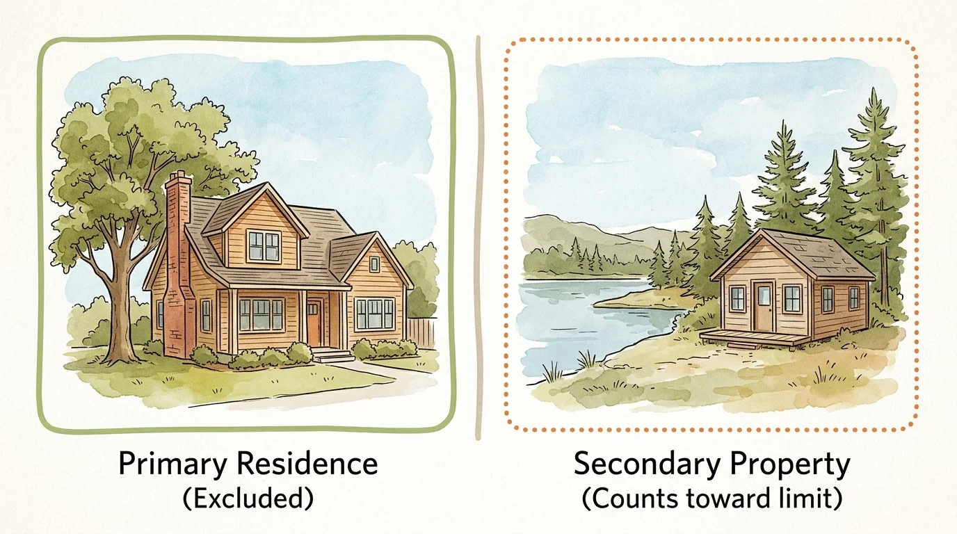 Watercolor illustration comparing an excluded primary residence with a countable secondary vacation cottage.