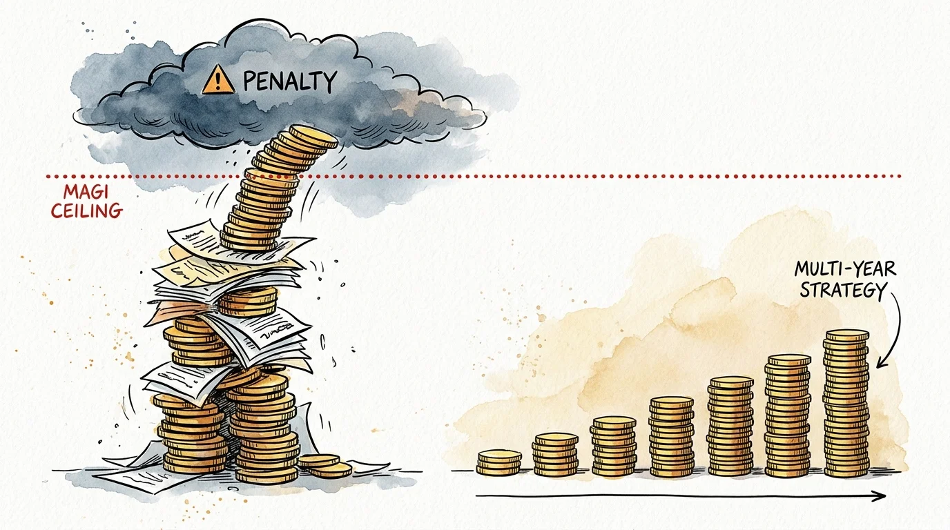 Illustration of a teetering coin stack hitting a MAGI ceiling penalty cloud beside an ascending multi-year strategy stack.