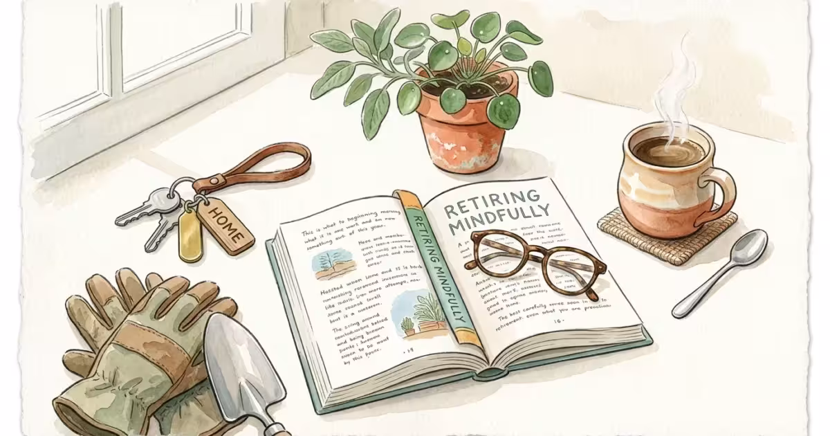 Watercolor illustration of a book, a plant, and a coffee mug, representing a peaceful, balanced retirement.