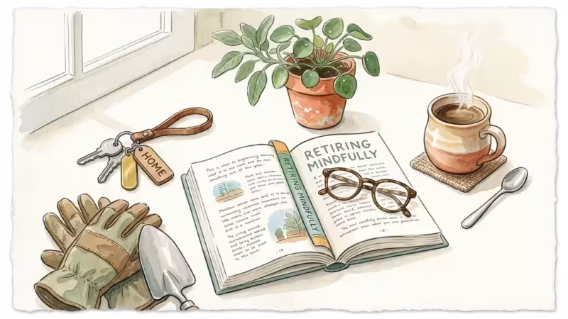 Watercolor illustration of a book, a plant, and a coffee mug, representing a peaceful, balanced retirement.