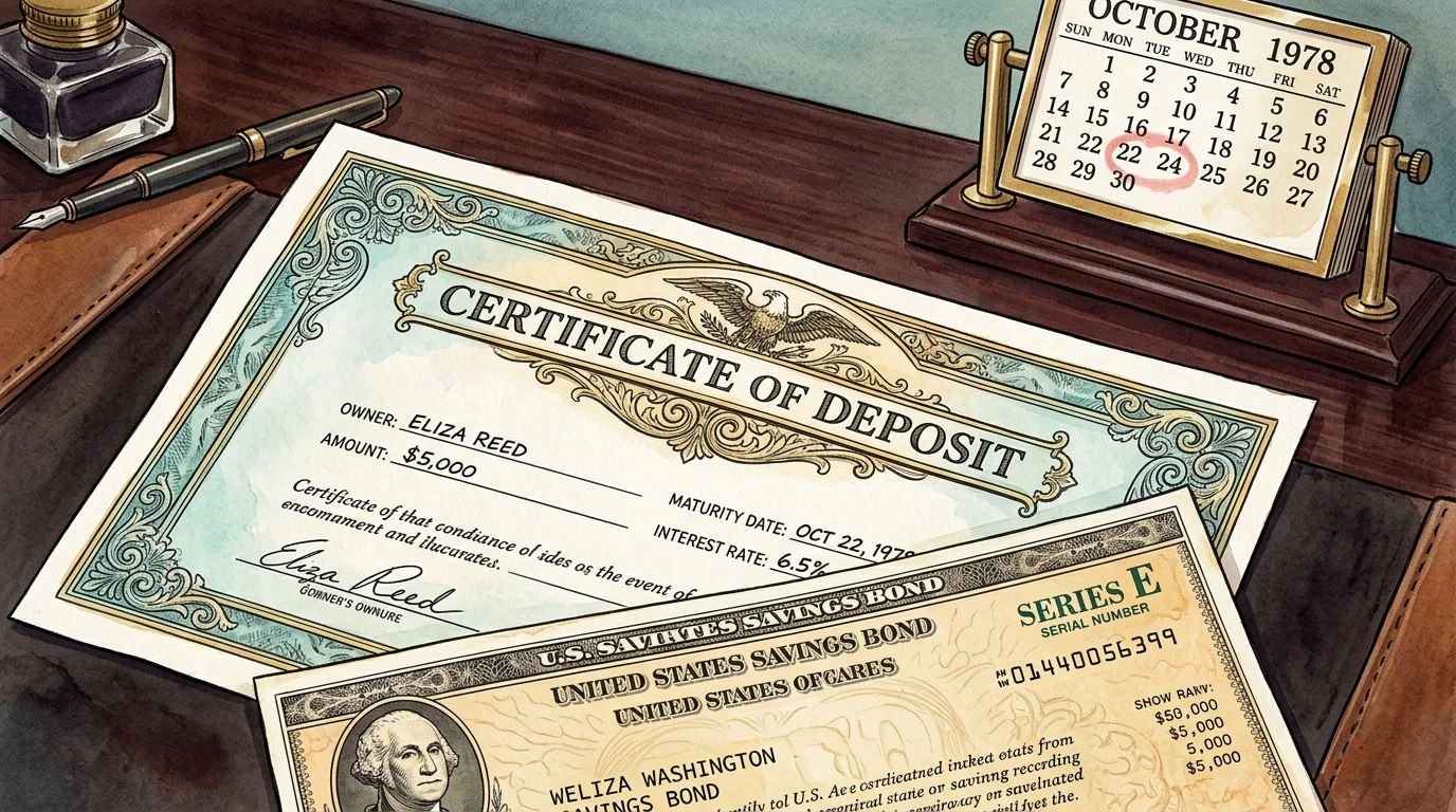 Watercolor illustration of a Certificate of Deposit and a savings bond resting on a desk near a marked calendar.