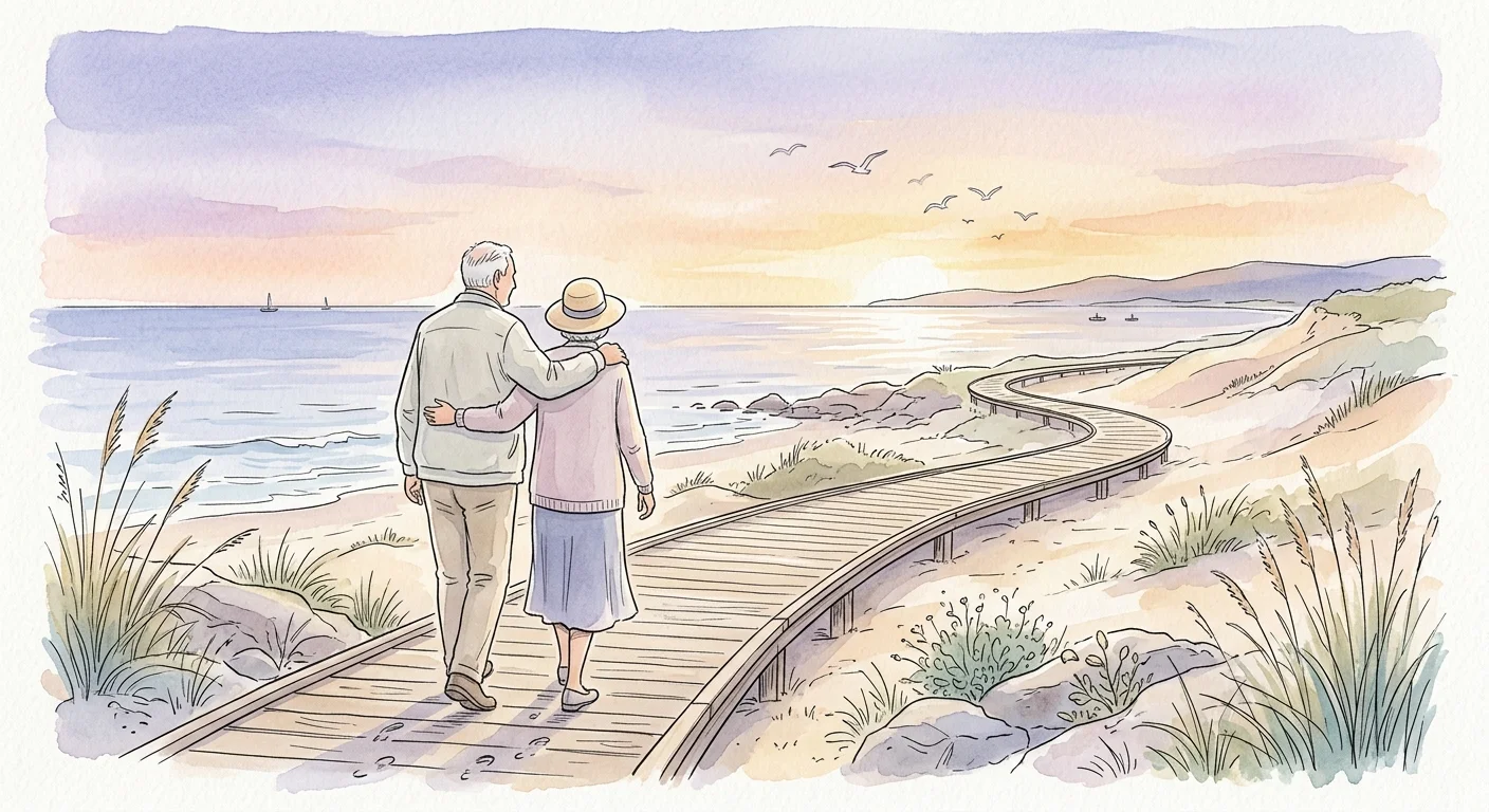 Watercolor illustration of a couple walking arm-in-arm toward a beautiful ocean sunset, symbolizing a peaceful retirement.