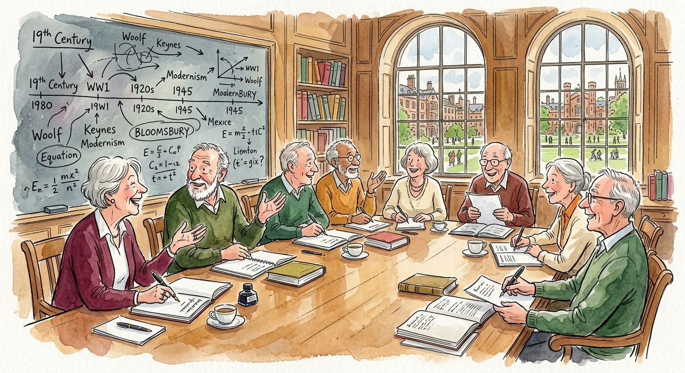 Watercolor illustration of a lively academic discussion among seniors around a large table in a university seminar room.