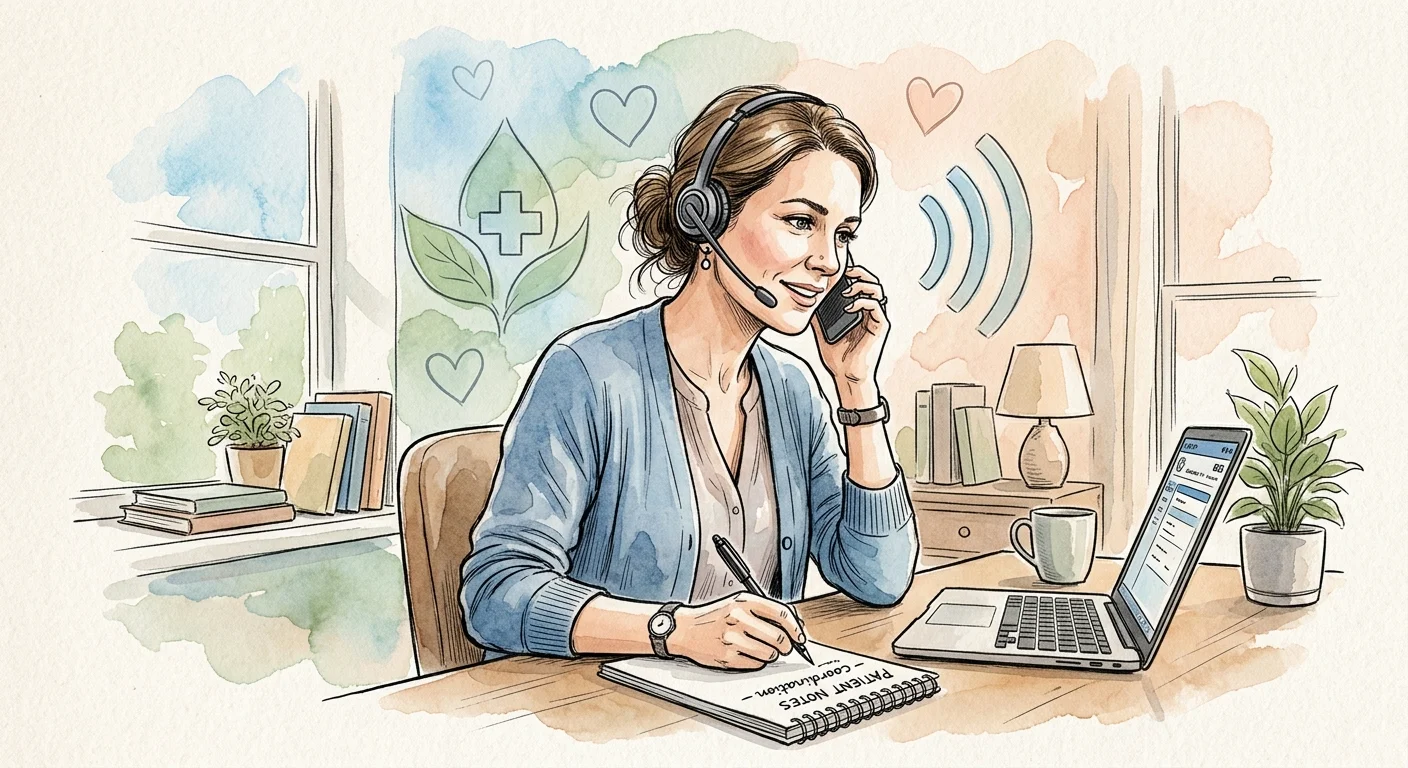 Ink and watercolor illustration of a woman wearing a headset, taking notes at a home office desk with a laptop.