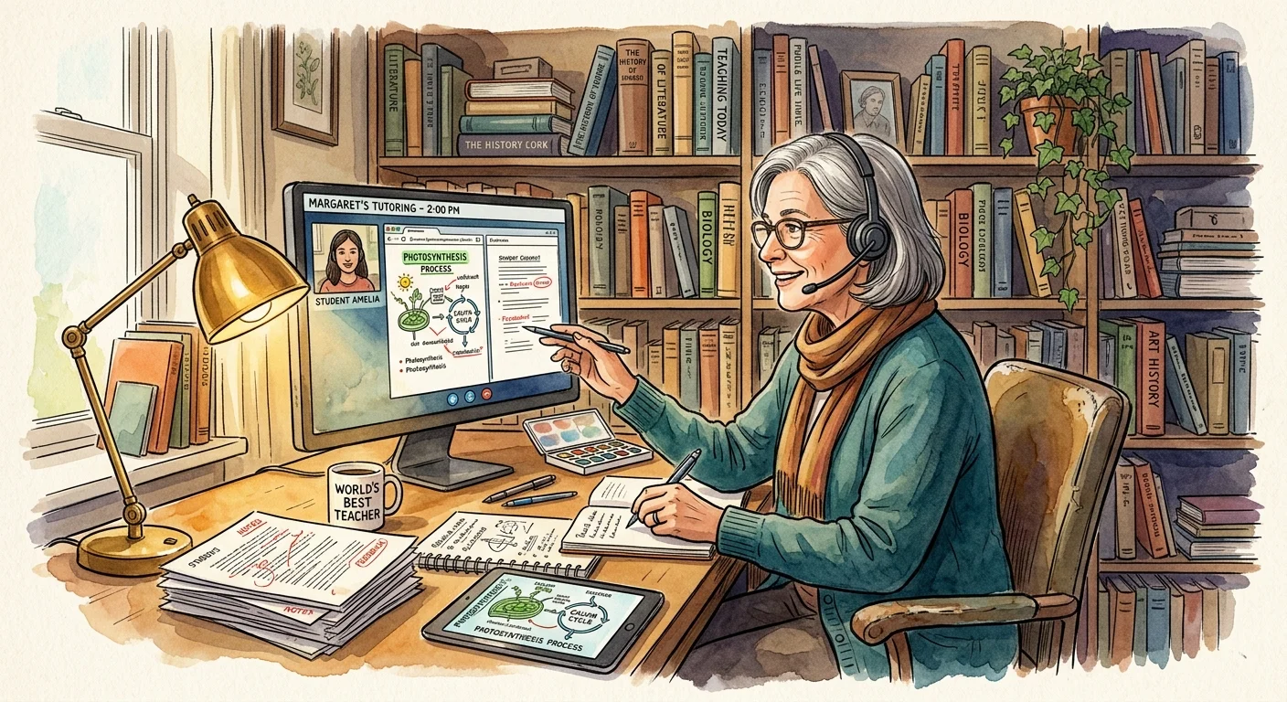 Watercolor illustration of a senior woman wearing a headset while tutoring a student online at her home desk.