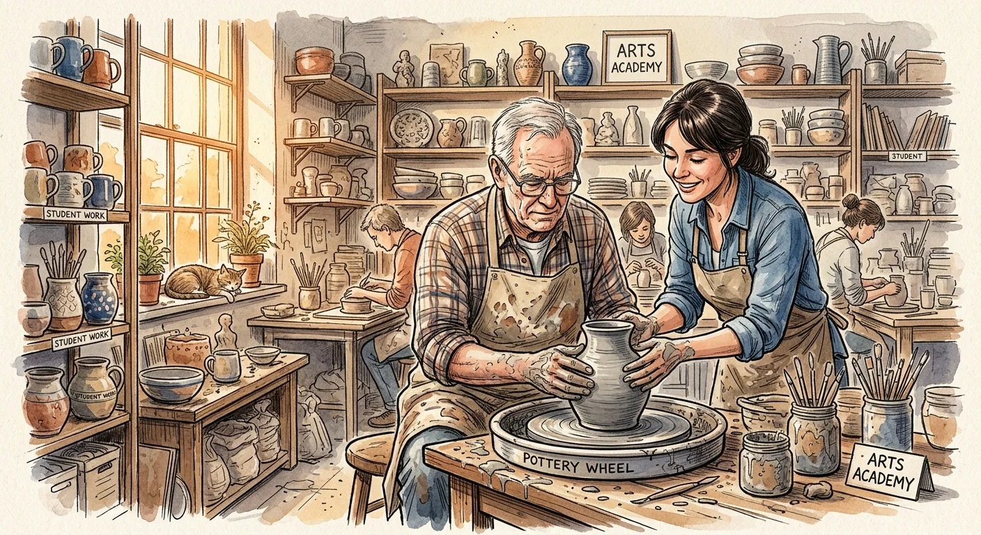 Watercolor illustration of a senior man learning pottery on a wheel with the help of a friendly art instructor.