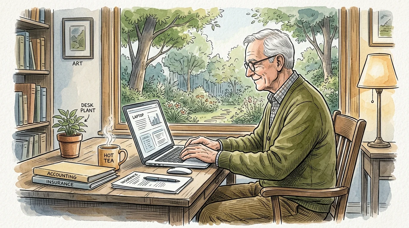 Watercolor illustration of an older man working on a laptop at a wooden desk by a window overlooking a garden.