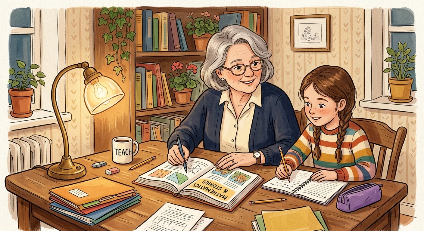 Watercolor illustration of a senior tutor and a young student working together at a cozy, lamp-lit desk.