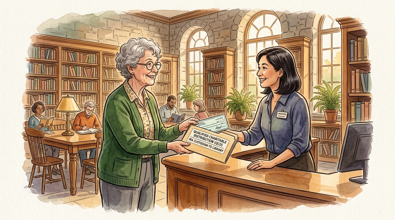 An older woman hands a Qualified Charitable Distribution envelope and check to a librarian at a library service desk.